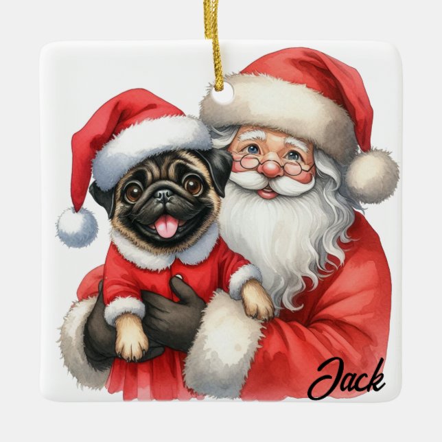 Personalized Joyful Pug Dog with Santa Ceramic Ornament (Front)