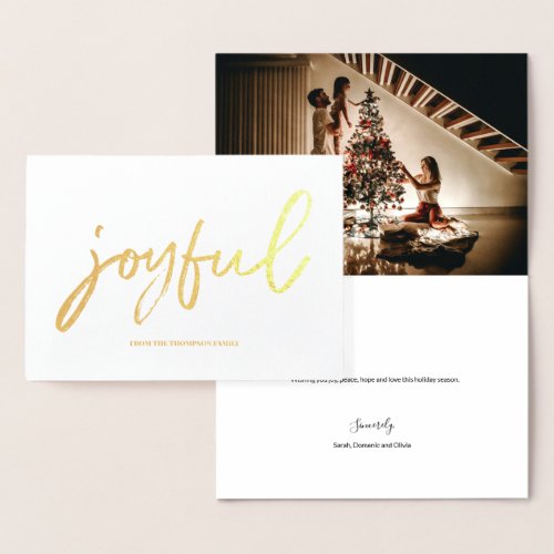 Personalized Joyful Script Family Photo Christmas Foil Card