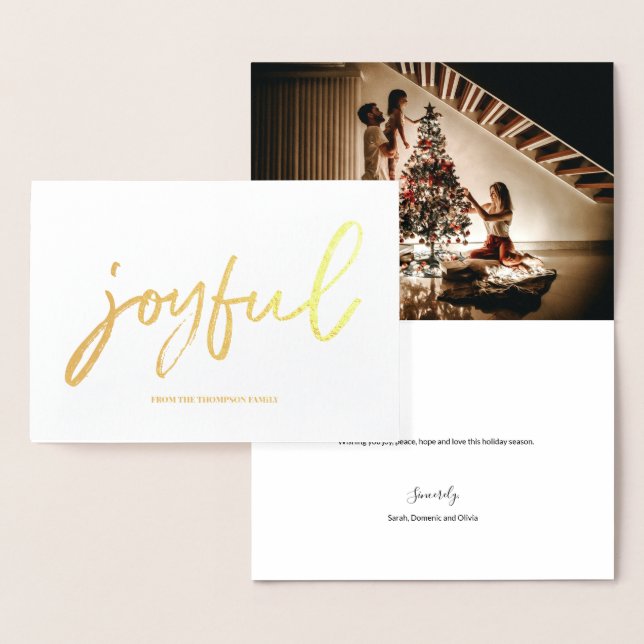 Personalized Joyful Script Family Photo Christmas Foil Card (Display)