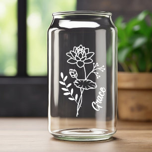 Personalized July Birth Month Flower Water Lily WT Can Glass