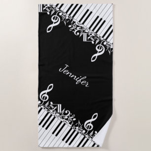 Personalized Jumbled Musical Notes and Piano Keys Beach Towel
