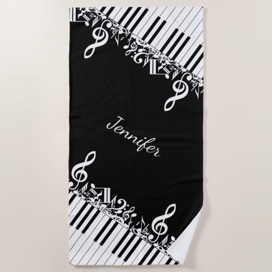 Personalized Jumbled Musical Notes and Piano Keys Beach Towel
