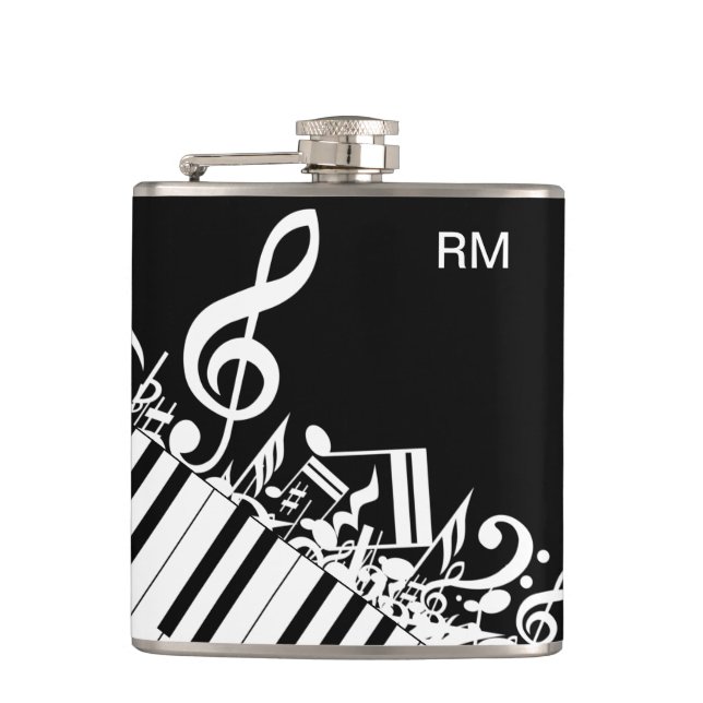 Personalized Jumbled Musical Notes and Piano Keys Hip Flask (Front)