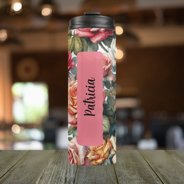 Personalized June Birth Flower Rose Thermal Tumbler (Personalized 20 oz thermal tumbler with birth flower for June the Rose design.)