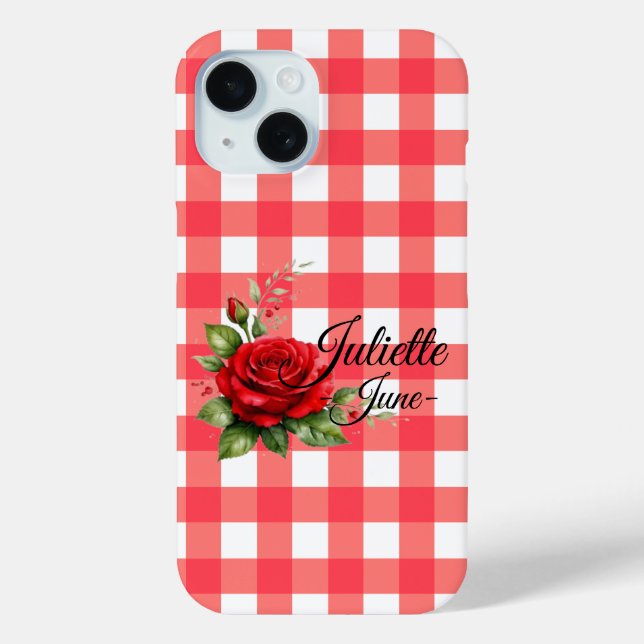 Personalized June Rose Gingham Phone Case (Back)