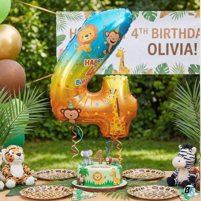 Personalized Jungle Animals 4th Birthday Number 4  Balloon (Creator Uploaded)