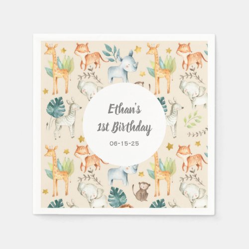 Personalized Jungle animals cute first birthday Napkins