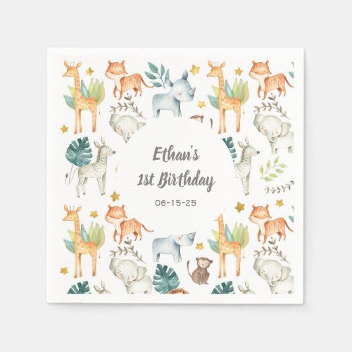 Personalized Jungle animals first birthday party Napkins