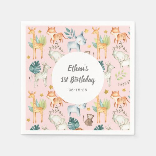 Personalized Jungle animals girl first birthday Napkins