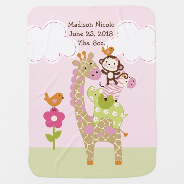 Personalized Jungle Girl Animals Stacked Baby Blanket (Front)