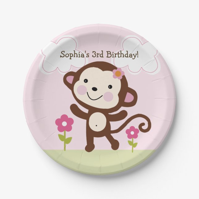 Personalized Jungle Girl Monkey Party Plates (Front)