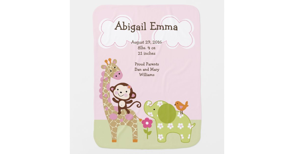 Personalized Jungle Jill Girl Animals Stacked Baby Baby Blanket