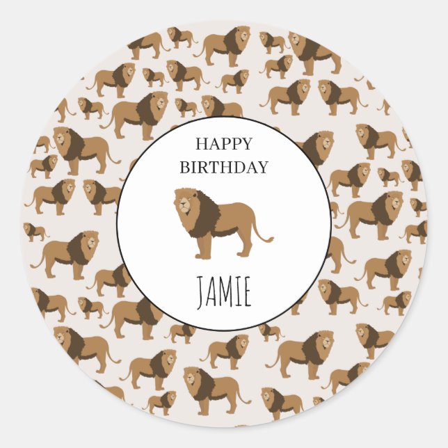 Personalized Jungle Lion Animal Pattern Birthday Classic Round Sticker (Front)