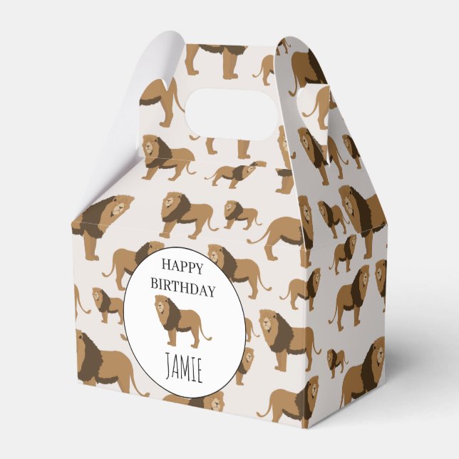 Personalized Jungle Lion Animal Pattern Birthday Favor Boxes (Front Side)