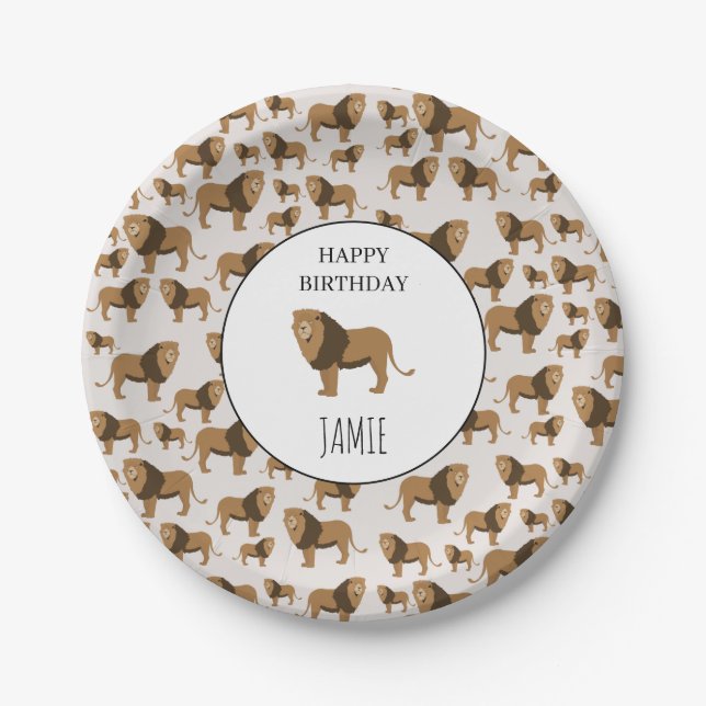Personalized Jungle Lion Animal Pattern Birthday  Paper Plates (Front)