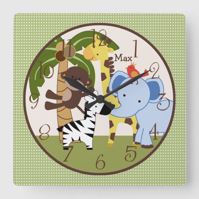 Personalized Jungle Pals Animals Nursery Clock (Front)