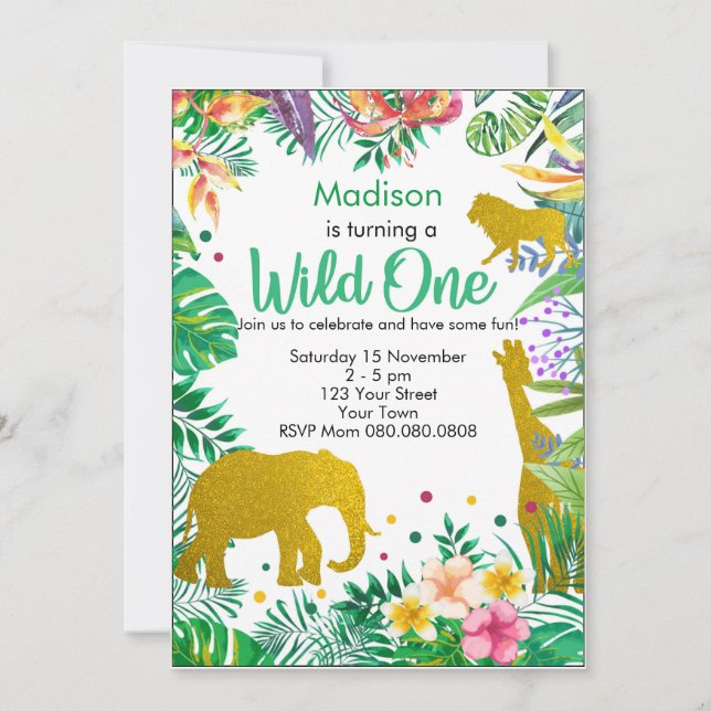 Personalized Jungle Safari 1st Birthday Invitation (Front)
