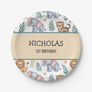 Personalized Jungle Safari Animals Watercolor Paper Plates