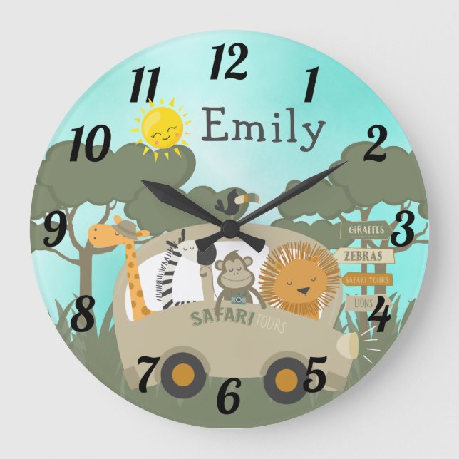 Personalized Jungle Safari Baby Animals Nursery  Large Clock (Front)