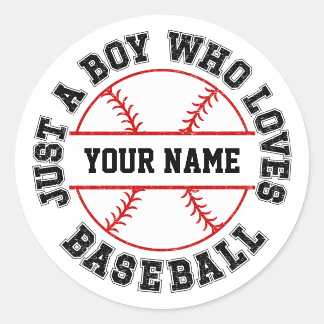 Personalized Just A Boy Who Loves Baseball Classic Round Sticker (Front)