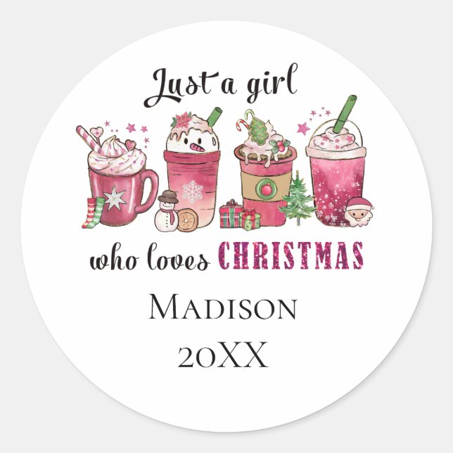 Personalized Just Girl Who Loves Christmas Trendy Classic Round Sticker (Front)