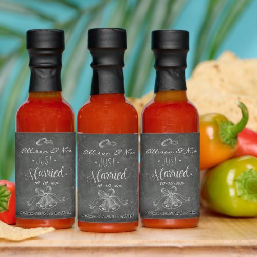 Personalized Just Married Chalkboard Wedding Bells Hot Sauces