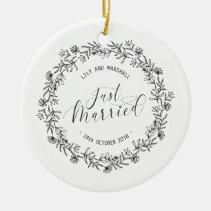 Personalized Just Married Floral Ceramic Ornament