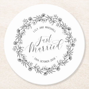 Personalized Just Married Floral Paper Coaster