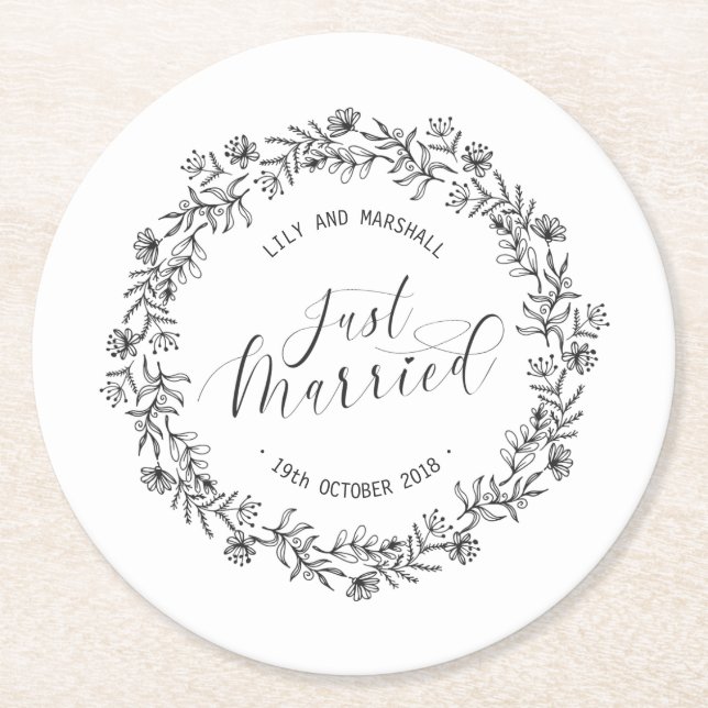 Personalized Just Married Floral | Paper Coaster (Front)