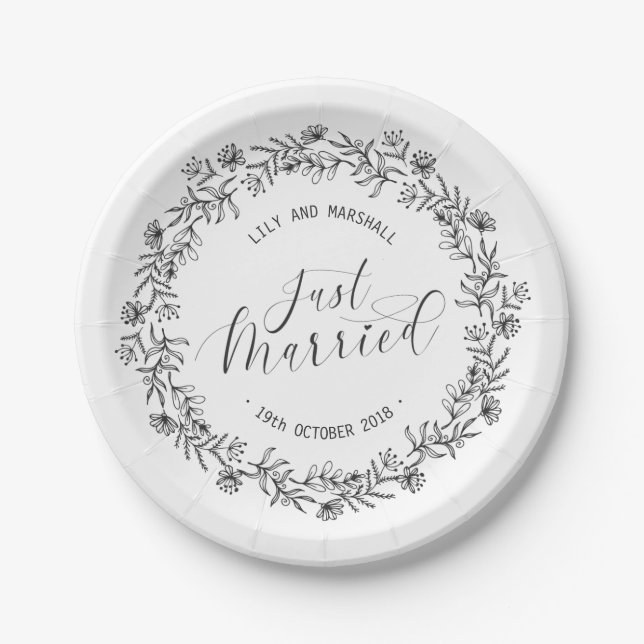 Personalized Just Married Floral | Paper Plate (Front)