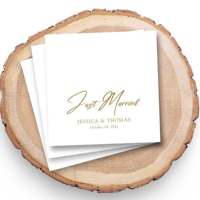 Personalized Just Married Gold Hand-lettered Napkins (Personalized Just Married napkins with the couple's names and wedding date.)