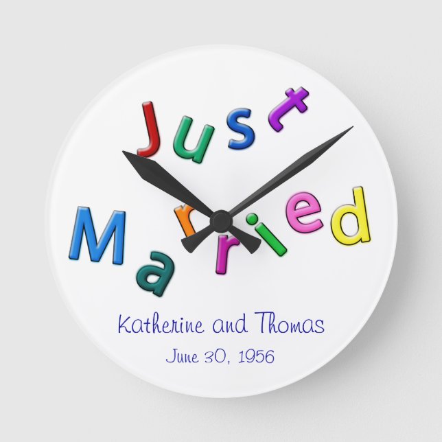 Personalized Just Married Jumbled Letters Round Clock (Front)