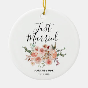 Personalized Just Married Peach Floral Ceramic Ornament