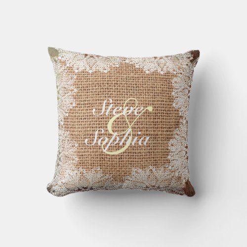 Personalized Jute Burlap and Lace Throw Pillow