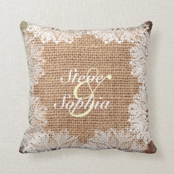 Personalized Jute Burlap And Lace Throw Pillow by BluePress at Zazzle