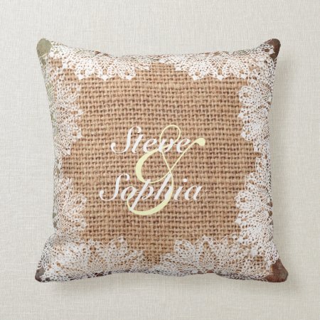 Personalized Jute Burlap And Lace Throw Pillow