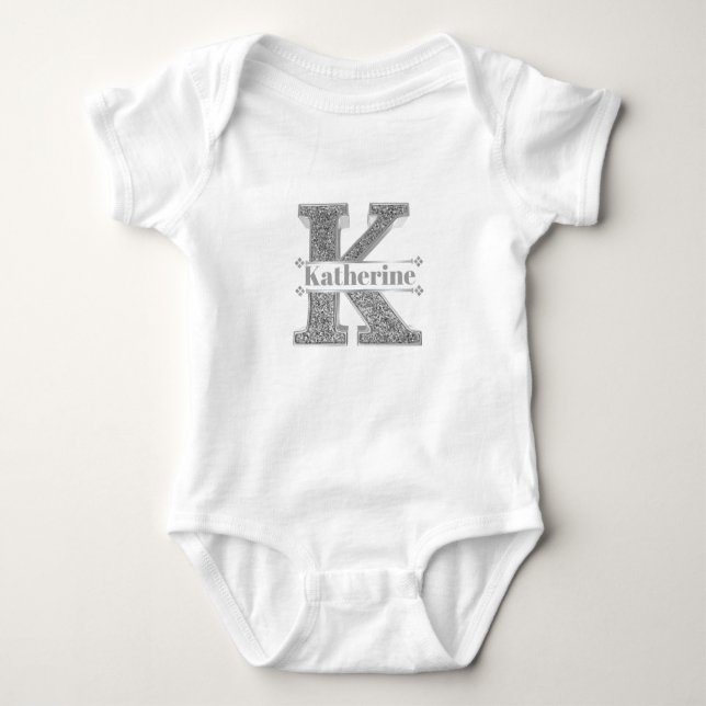 Personalized K Initial Silver Monogram Your Name Baby Bodysuit (Front)