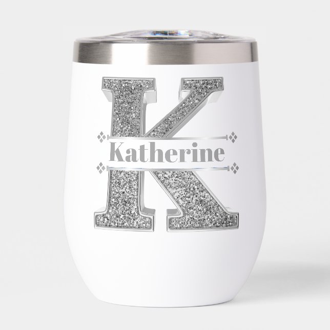 Personalized K Initial Silver Monogram Your Name Thermal Wine Tumbler (Front)