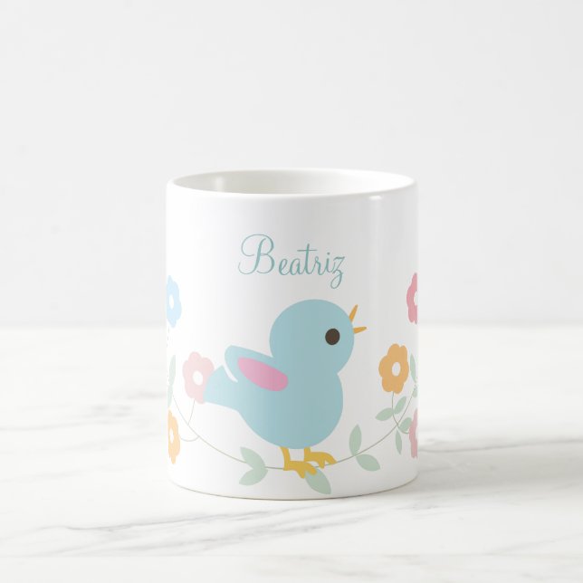 Personalized Kawaii Bird and Flowers Coffee Mug (Center)