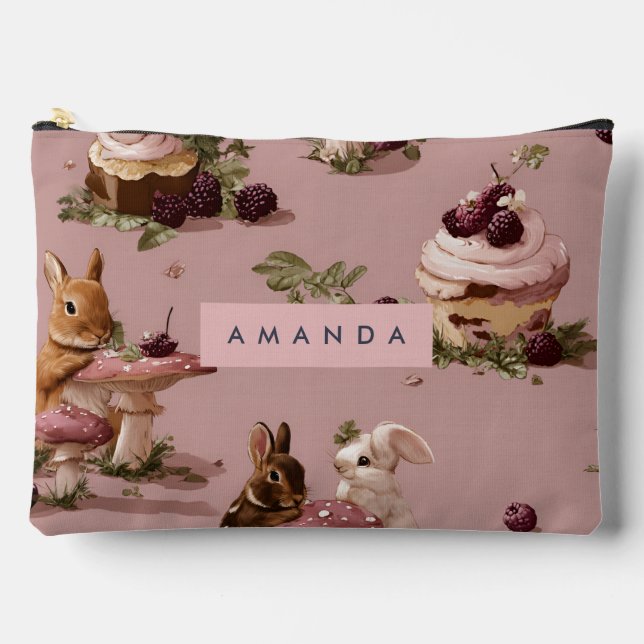 Personalized Kawaii Bunny & Berry Cupcake Pattern Accessory Pouch (Front)