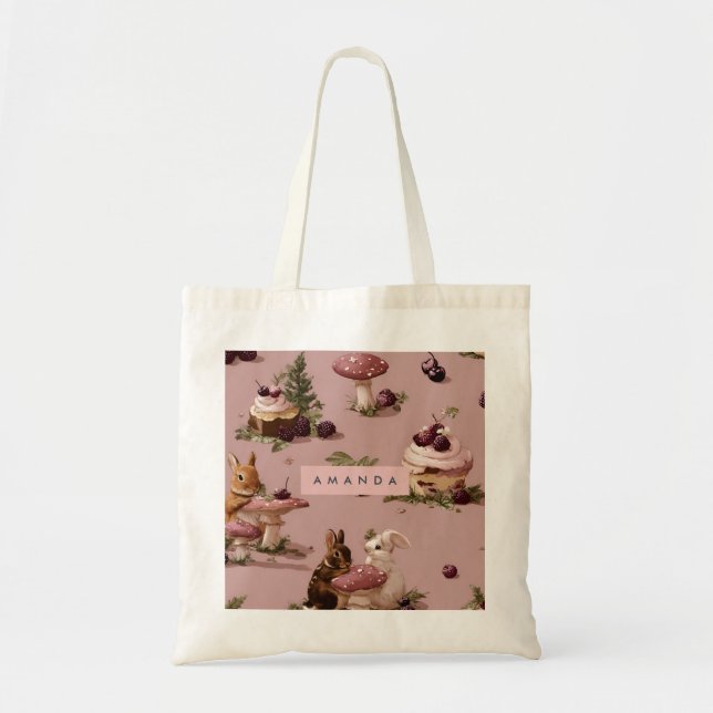 Personalized Kawaii Bunny & Berry Cupcake Pattern Tote Bag (Front)