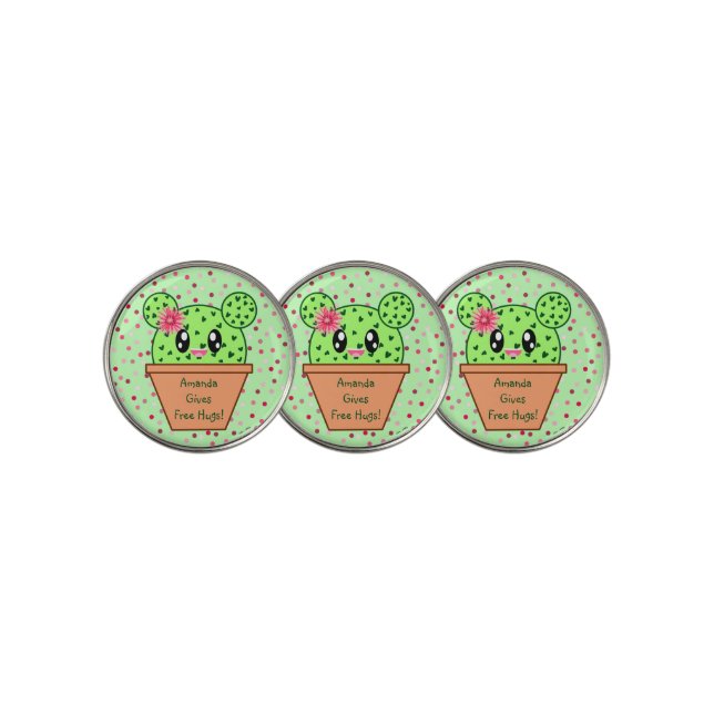 Personalized Kawaii Cactus With Heart Spikes Golf Ball Marker (3 Up)