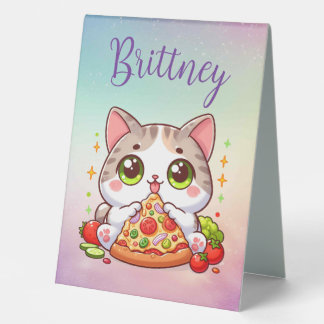Personalized Kawaii Cat Eating Pizza Custom Table Tent