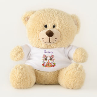 Personalized Kawaii Cat Eating Pizza Custom Teddy Bear