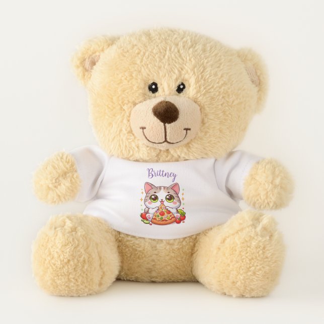 Personalized Kawaii Cat Eating Pizza Custom Teddy Bear (Front)