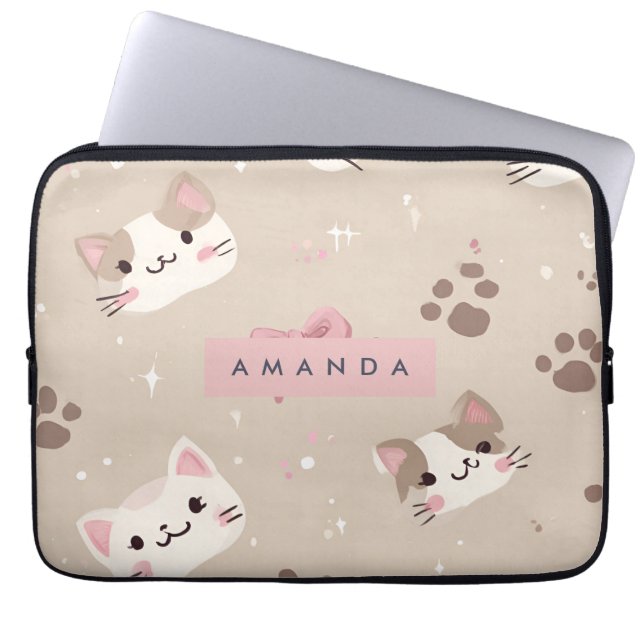 Personalized Kawaii Cat Face Pattern Laptop Sleeve (Front)