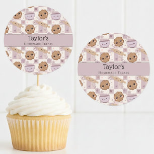 Personalized Kawaii Cookie Gingham Cupcake Topper  Classic Round Sticker