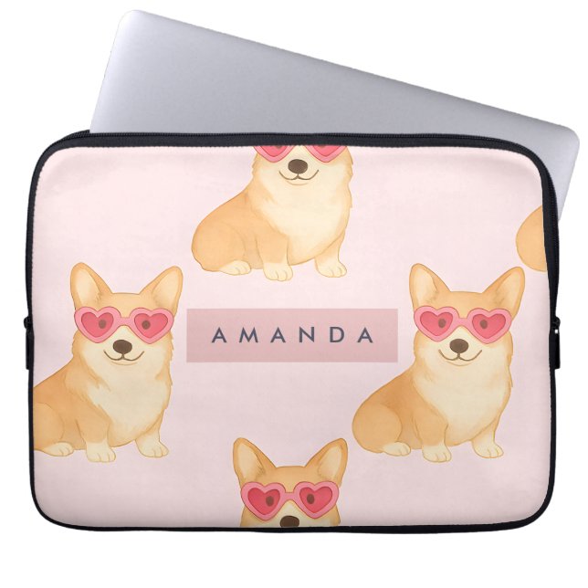 Personalized Kawaii Corgi with Heart Sunglasses Laptop Sleeve (Front)