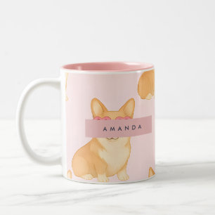 Personalized Kawaii Corgi with Heart Sunglasses Two-Tone Coffee Mug