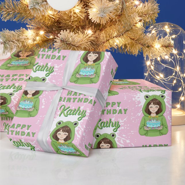 Personalized Kawaii Frog Hoodie Girl Birthday Wrapping Paper (Holidays)
